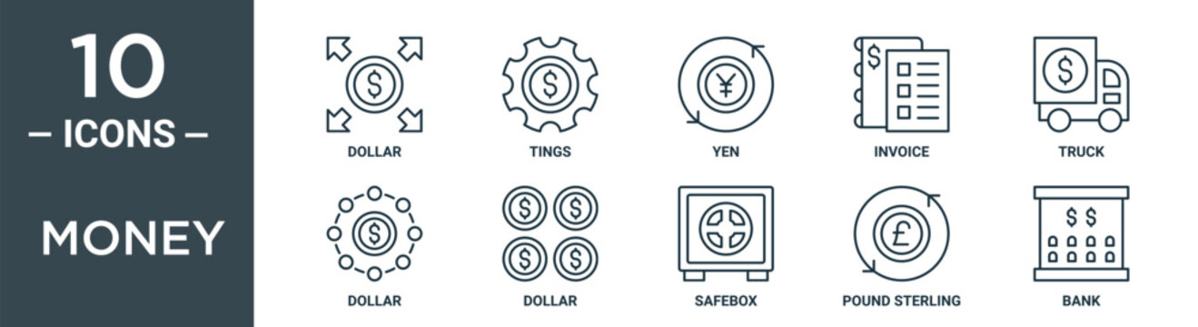 money outline icon set includes thin line dollar, tings, yen, invoice, truck, dollar, dollar icons for report, presentation, diagram, web design