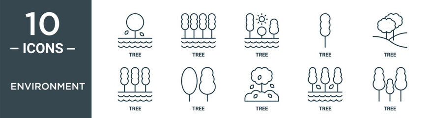 environment outline icon set includes thin line tree, tree, tree, icons for report, presentation, diagram, web design