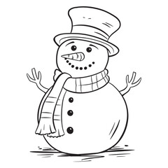 Cartoon snowman with hat and scarf in hand drawn style.