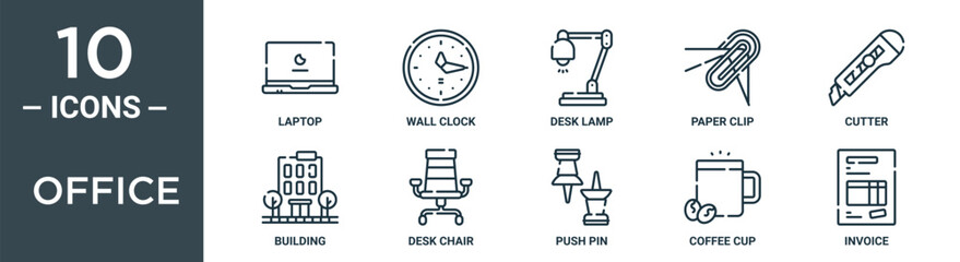 office outline icon set includes thin line laptop, wall clock, desk lamp, paper clip, cutter, building, desk chair icons for report, presentation, diagram, web design