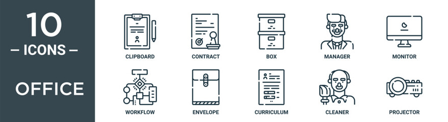 office outline icon set includes thin line clipboard, contract, box, manager, monitor, workflow, envelope icons for report, presentation, diagram, web design