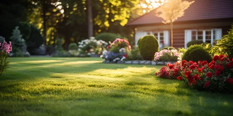 Papier Peint photo Jardin Beautiful spring garden with flowers and lawn grass, Beautiful Home Garden , View Of A Beautiful Lawn Background  
