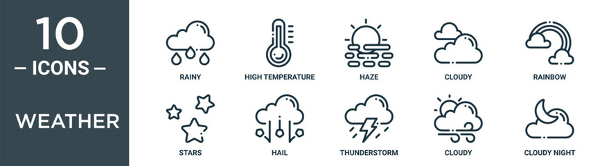 weather outline icon set includes thin line rainy, high temperature, haze, cloudy, rainbow, stars, hail icons for report, presentation, diagram, web design