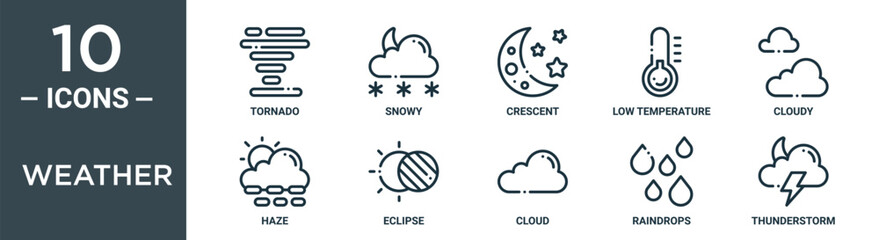 weather outline icon set includes thin line tornado, snowy, crescent, low temperature, cloudy, haze, eclipse icons for report, presentation, diagram, web design