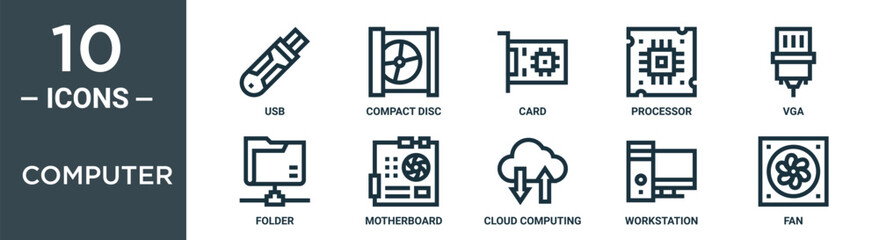 computer outline icon set includes thin line usb, compact disc, card, processor, vga, folder, motherboard icons for report, presentation, diagram, web design