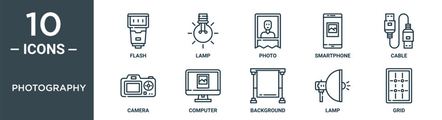 photography outline icon set includes thin line flash, lamp, photo, smartphone, cable, camera, computer icons for report, presentation, diagram, web design