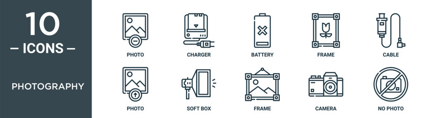 photography outline icon set includes thin line photo, charger, battery, frame, cable, photo, soft box icons for report, presentation, diagram, web design
