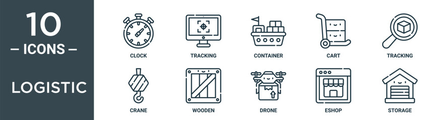logistic outline icon set includes thin line clock, tracking, container, cart, tracking, crane, wooden icons for report, presentation, diagram, web design