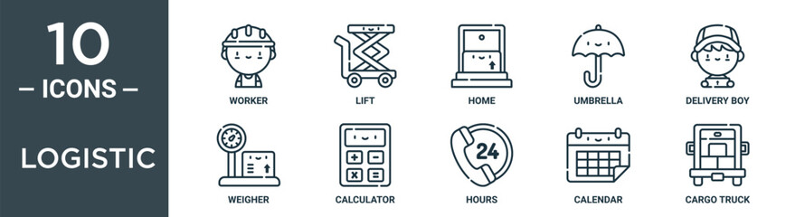 Obraz premium logistic outline icon set includes thin line worker, lift, home, umbrella, delivery boy, weigher, calculator icons for report, presentation, diagram, web design