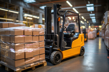 forklift loads pallets and boxes in warehouse,