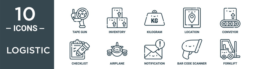 logistic outline icon set includes thin line tape gun, inventory, kilogram, location, conveyor, checklist, airplane icons for report, presentation, diagram, web design