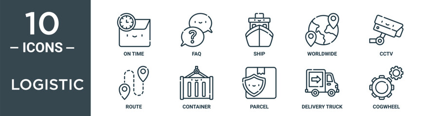logistic outline icon set includes thin line on time, faq, ship, worldwide, cctv, route, container icons for report, presentation, diagram, web design
