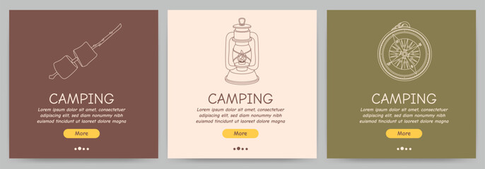 Fototapeta premium Set of promotional flyers for camping, travel, hiking, picnic. Vector illustration for poster, banner, cover, advertisement, web page.