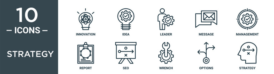strategy outline icon set includes thin line innovation, idea, leader, message, management, report, seo icons for report, presentation, diagram, web design