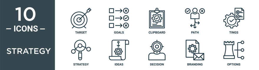strategy outline icon set includes thin line target, goals, clipboard, path, tings, strategy, ideas icons for report, presentation, diagram, web design
