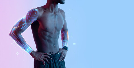 African american sportsman with naked torso posing in neon light