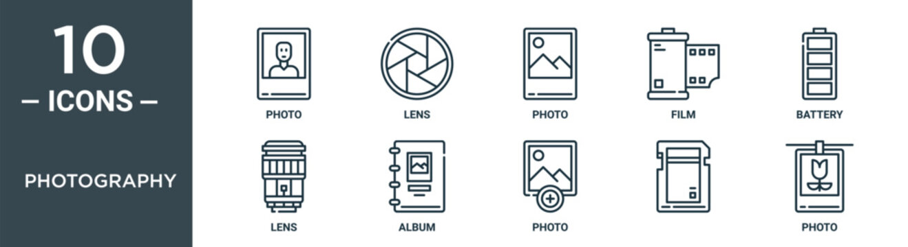 photography outline icon set includes thin line photo, lens, photo, film, battery, lens, album icons for report, presentation, diagram, web design