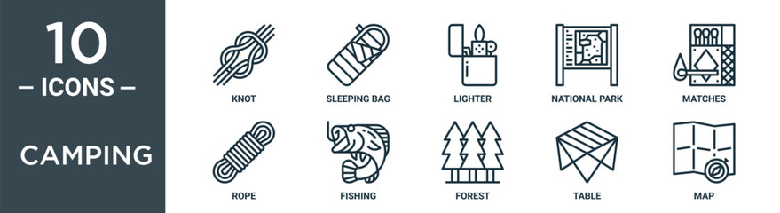 camping outline icon set includes thin line knot, sleeping bag, lighter, national park, matches, rope, fishing icons for report, presentation, diagram, web design