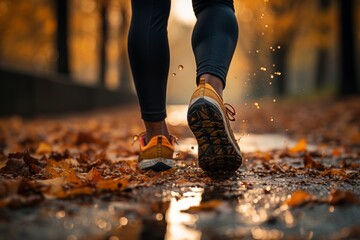 Women's running shoes in a park at sunset in the fall 