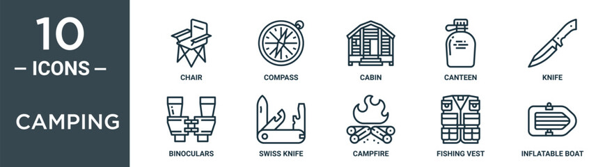 camping outline icon set includes thin line chair, compass, cabin, canteen, knife, binoculars, swiss knife icons for report, presentation, diagram, web design