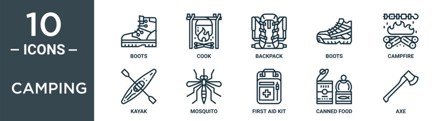 camping outline icon set includes thin line boots, cook, backpack, boots, campfire, kayak, mosquito icons for report, presentation, diagram, web design