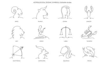 Astrological zodiac constellation one single hand drawing continues line symbols set. Vector stock illustration pack isolated on white background. Editable stroke line.