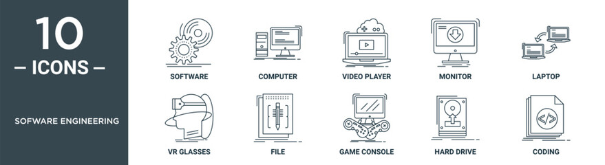 sofware engineering outline icon set includes thin line software, computer, video player, monitor, laptop, vr glasses, file icons for report, presentation, diagram, web design