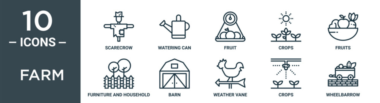 farm outline icon set includes thin line scarecrow, watering can, fruit, crops, fruits, furniture and household, barn icons for report, presentation, diagram, web design