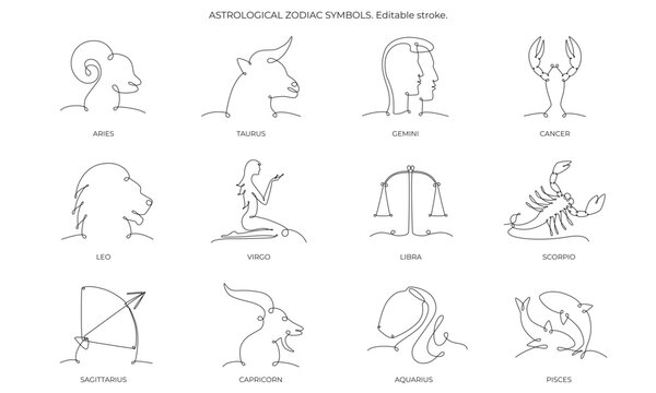 Astrological zodiac constellation one single hand drawing continues line symbols set. Vector stock illustration pack isolated on white background. Editable stroke line.