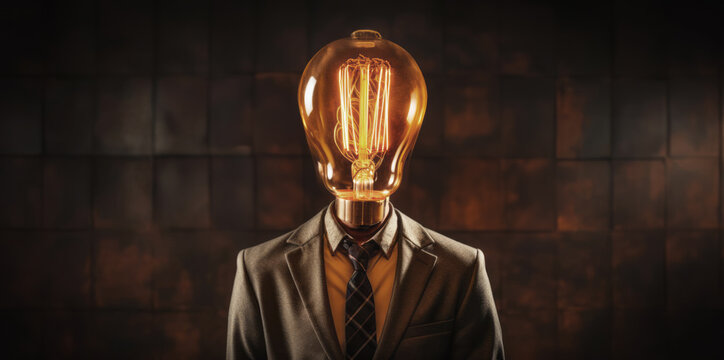 An ideas man concept. A man with a lighbulb in place of his head. 
