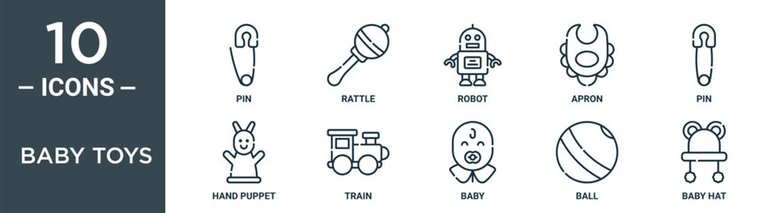Obraz premium baby toys outline icon set includes thin line pin, rattle, robot, apron, pin, hand puppet, train icons for report, presentation, diagram, web design