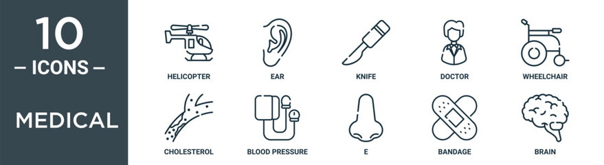medical outline icon set includes thin line helicopter, ear, knife, doctor, wheelchair, cholesterol, blood pressure icons for report, presentation, diagram, web design