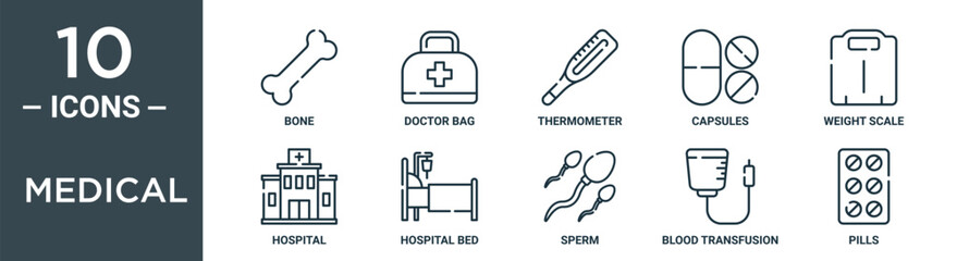 Obraz premium medical outline icon set includes thin line bone, doctor bag, thermometer, capsules, weight scale, hospital, hospital bed icons for report, presentation, diagram, web design
