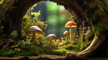 Fungi and Moss in a Tree Hollow: Description: This close-up shot reveals a miniature world of fungi and moss thriving within a tree hollow. - obrazy, fototapety, plakaty