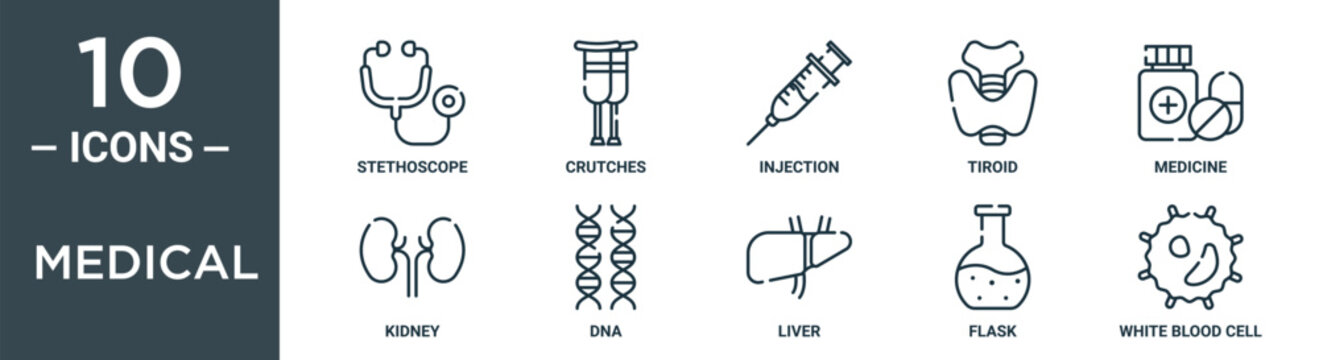 medical outline icon set includes thin line stethoscope, crutches, injection, tiroid, medicine, kidney, dna icons for report, presentation, diagram, web design
