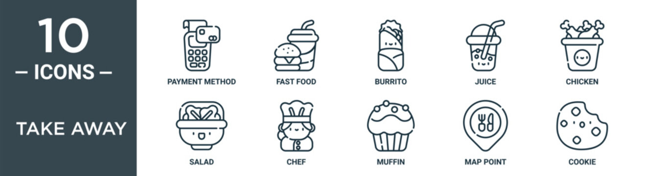 take away outline icon set includes thin line payment method, fast food, burrito, juice, chicken, salad, chef icons for report, presentation, diagram, web design