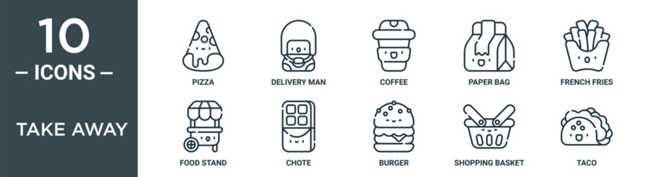 take away outline icon set includes thin line pizza, delivery man, coffee, paper bag, french fries, food stand, chote icons for report, presentation, diagram, web design