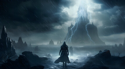 A fantastical dystopian world, a man in capicheon looks at mystical events, Generative AI