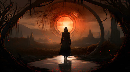 A fantastical dystopian world, a man in capicheon looks at mystical events, Generative AI