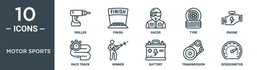 motor sports outline icon set includes thin line driller, finish, racer, tyre, engine, race track, winner icons for report, presentation, diagram, web design