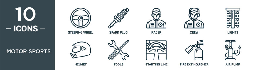 motor sports outline icon set includes thin line steering wheel, spark plug, racer, crew, lights, helmet, tools icons for report, presentation, diagram, web design