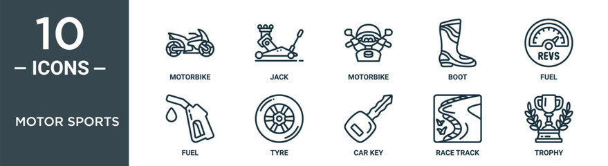 motor sports outline icon set includes thin line motorbike, jack, motorbike, boot, fuel, fuel, tyre icons for report, presentation, diagram, web design