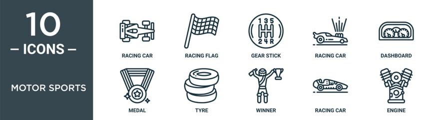 motor sports outline icon set includes thin line racing car, racing flag, gear stick, racing car, dashboard, medal, tyre icons for report, presentation, diagram, web design