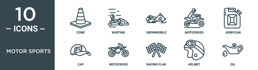 motor sports outline icon set includes thin line cone, karting, snowmobile, motocross, jerrycan, cap, motocross icons for report, presentation, diagram, web design