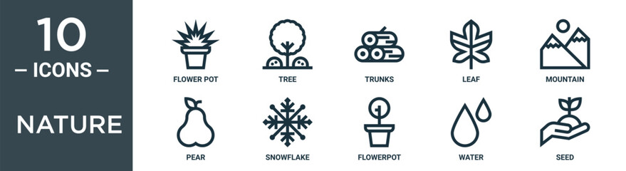 nature outline icon set includes thin line flower pot, tree, trunks, leaf, mountain, pear, snowflake icons for report, presentation, diagram, web design
