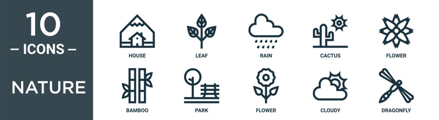 nature outline icon set includes thin line house, leaf, rain, cactus, flower, bamboo, park icons for report, presentation, diagram, web design