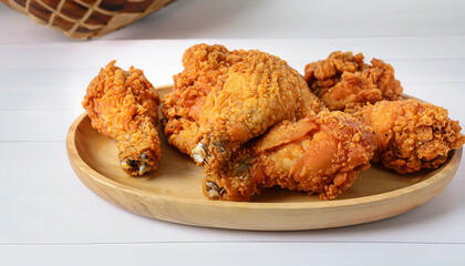 Fried chicken put on wooden tray on white table, crispy, delicious. It is a kind of junk food, unhealthy.