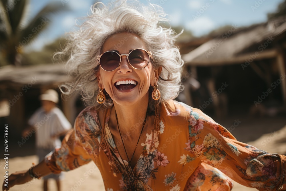 Wall mural happy senior woman on the beach enjoying her retirement