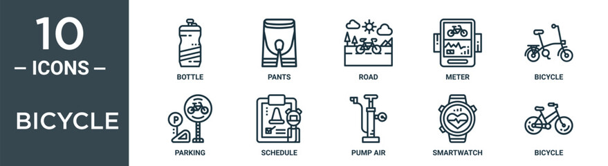 bicycle outline icon set includes thin line bottle, pants, road, meter, bicycle, parking, schedule icons for report, presentation, diagram, web design