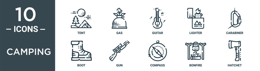 camping outline icon set includes thin line tent, gas, guitar, lighter, carabiner, boot, gun icons for report, presentation, diagram, web design